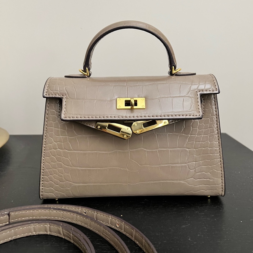 Elegant Taupe Crocodile-Embossed Handbag